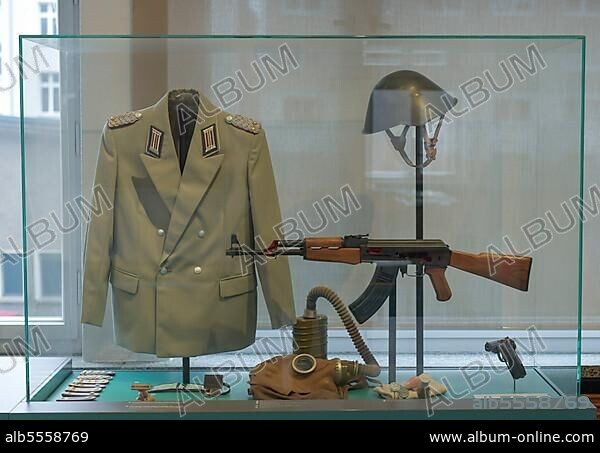 Equipment, uniform, Kalashnikov, House 1, Stasi Headquarters, Ruschestrasse, Lichtenberg, Berlin, Germany, Europe.