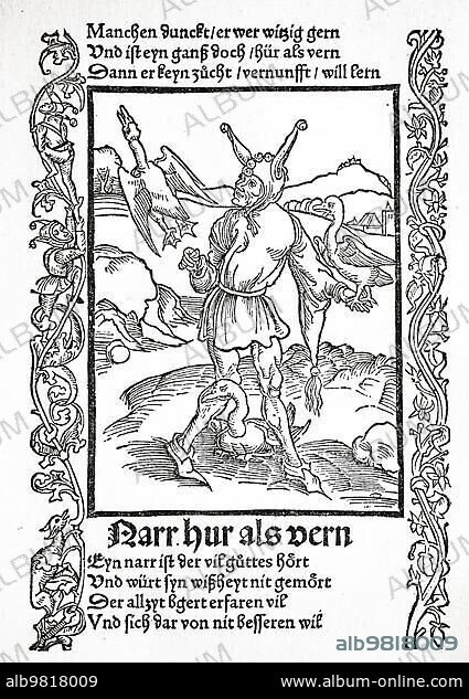 The Ship of Fools by Sebastian Brant; 1494; late medieval moral satire. To be a fool and to remain a fool; a fool who does not want to give up his foolishness; is like a goose that flies out and returns just as foolish; Historical; digitally restored reproduction from a 19th century original.