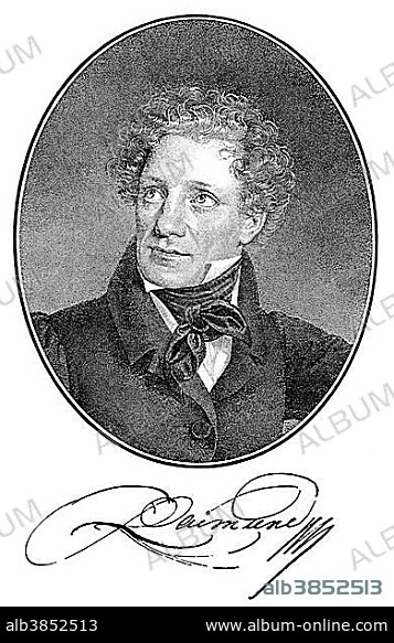 Historical print, 1829, portrait of Ferdinand Raimund or Ferdinand Jakob Raimann, 1790 - 1836, an Austrian playwright of Viennese popular theater, from Bildatlas zur Geschichte der Deutschen Nationalliteratur, Illustrated Atlas of the History of German National Literature, by Gustav Koennecke, 1887.