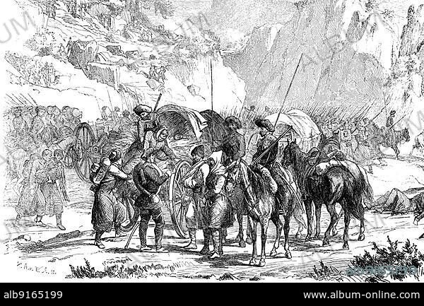 Scene from the Russian-Circassian War, The Caucasian War from 1817 to 1864 was an invasion of the Caucasus by the Russian Empire that led to the annexation of the territories of the North Caucasus by Russia and the ethnic cleansing of the Circassians, digitally restored reproduction of an original 19th century original, exact original date not known.