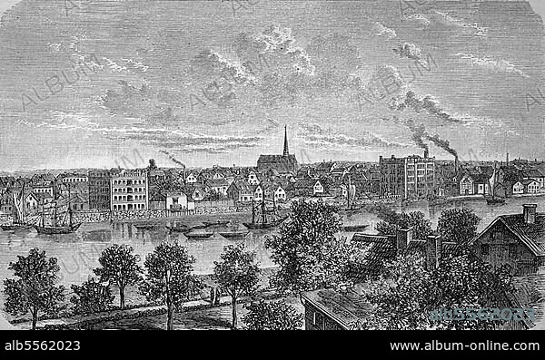 Blick auf Eckernförde in Schleswig-Holstein, Deutschland, im Jahre 1885, Historisch, digital restaurierte Reproduktion einer Originalvorlage aus dem 19. Jahrhundert.