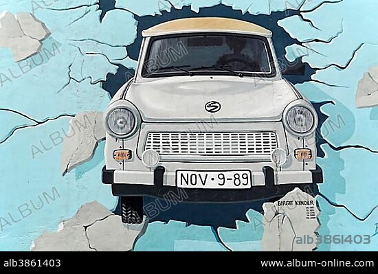 Mural, Test the Best, Trabi breaking through wall, artist Birgit Kinder, East Side Gallery, Berlin, Germany, Europe.