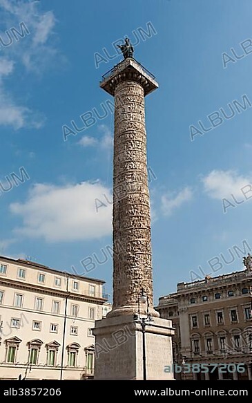 An ancient Roman victory column, Column of Marcus Aurelius on Piazza Colonna square, ancient Rome, Lazio, Italy, Southern Europe, Europe.