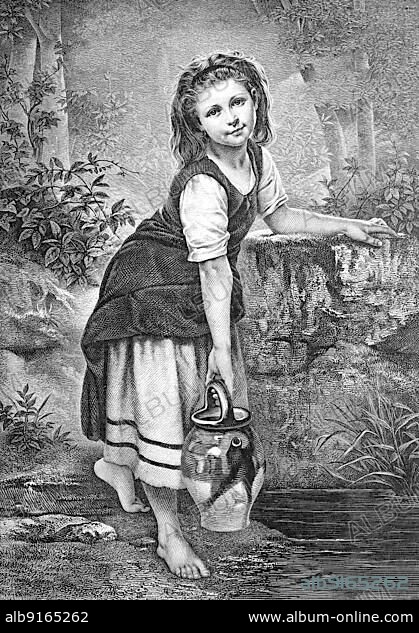 Kleines Mädchen holt mit dem Krug Wasser von der Quelle, little girl fetches water from the spring with the jug, Historisch, historical, digitally improved reproduction of an original from the 19th century, digitally restored reproduction of an original from the 19th century, exact original date not known.
