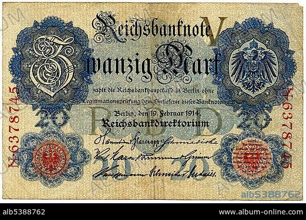 Historical note, Reichsbanknote, 20 Mark, 1910, Germany, Europe.