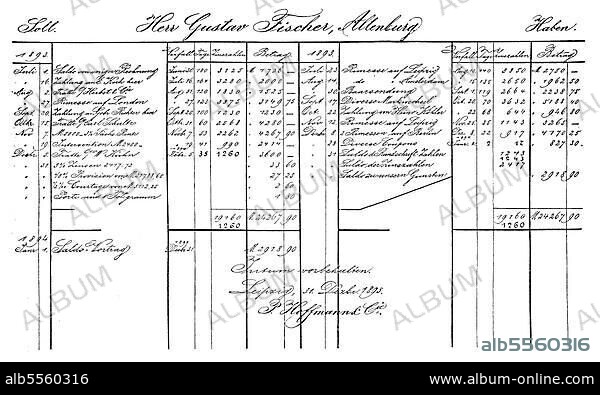 Buchhaltung im Jahr 1895, Ein Transaktionskonto, Girokonto, Kontokorrentkonto oder Sichteinlagenkonto, digital restaurierte Reproduktion einer Originalvorlage aus dem 19. Jahrhundert.