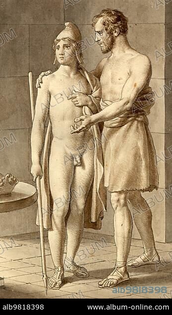 Telemachos; in Greek myth the son of Odysseus and Penelope; meets Odysseus disguised as a beggar at the shepherd Eumaios; after a painting by Christoffer Wilhelm Eckersberg (2 January 1783) (22 July 1853); Historical; digitally restored reproduction from a 19th century original.