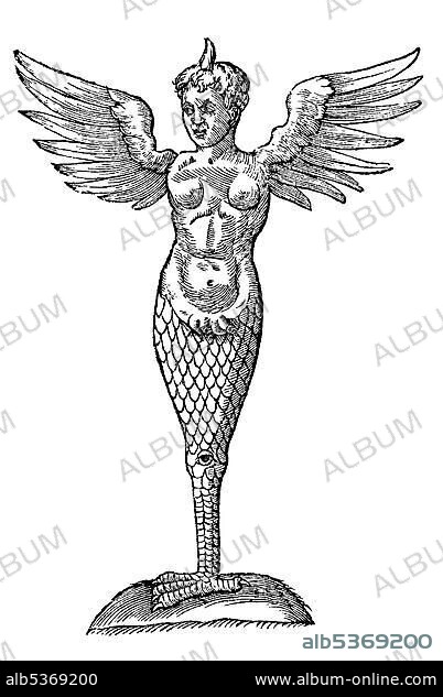 Woodcut, Monstrum cornutum st alatum cum pede rapacis auis, 369, hermaphrodite, winged monster, Aldrovandi, Historia Monstrorum, 1642, Renaissance.