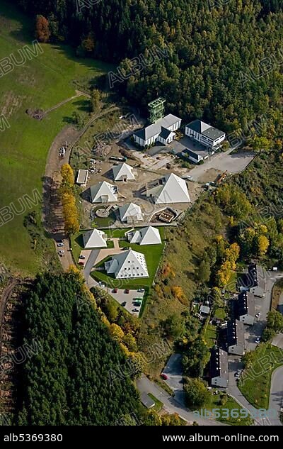 Aerial photo, 5 pyramids, Ragonex company, shaft tower, mining museum, Meggen, Lennestadt, Sauerland, North Rhine-Westphalia, Germany, Europe.