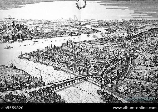 Rhein-Mosel Eck bei Koblenz im Mittelalter, Rheinland-Pfalz, Historisch, digital restaurierte Reproduktion einer Originalvorlage aus dem 18. Jahrhundert, genaues Originaldatum nicht bekannt.