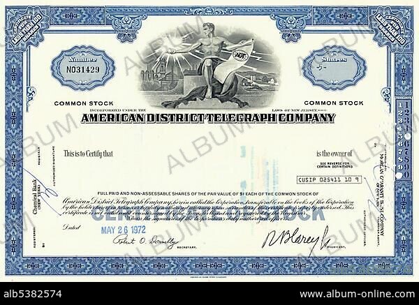 Historic share certificate, American District Telegraph Company, ADT, a company that offered safety instrumented systems and fire alarm systems, New Jersey, 1972, USA, North America.