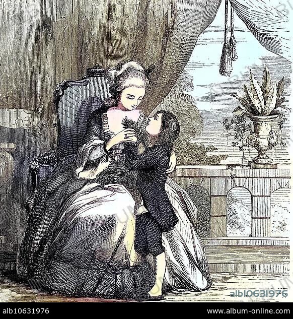 Marie Antoinette, born Maria Antonia Josepha Johanna, 1755, 16 October 1793, was the last Queen of France and Navarre in front of the French Revolution with her son, reproduction of a woodcut from the year 1880, digitally improved, born Maria Antonia Josepha Johanna, 1755 -16 October 1793, was the last Queen of France and Navarre in front of the French Revolution with her son, reproduction of a woodcut from the year 1880, digitally improved.