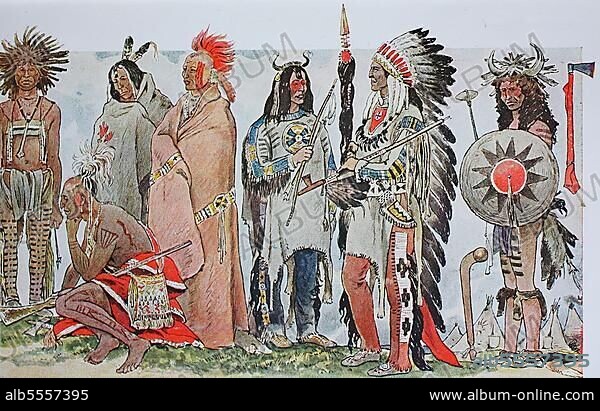 Kleidung, Mode in Nordamerika, Indianer, von links ein Krieger im Tanzkleid, ein Mann aus der irischen Gruppe, ein Krähen-Indianer mit Raubtierfedern auf dem Kopf, ein Fuchs-Indianer mit Skalplocke und gefärbtem Rosshaar, dann ein wildlederfarbener Anzug, dann ein großer Häuptling der Dakota oder Sioux und ein Krieger beim Bisontanz, digital restaurierte Reproduktion einer Originalvorlage aus dem 19. Jahrhundert.