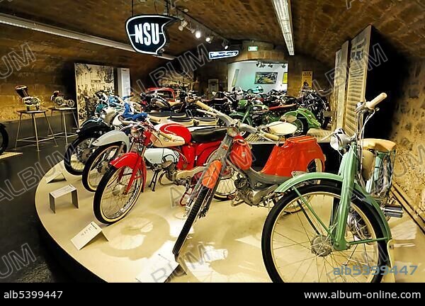 Partial interior view, NSU exhibits, German Motorcycle and NSU Museum, Neckarsulm, Baden-Wuerttemberg, Germany, Europe.