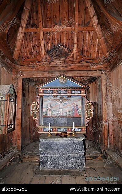 Altar, stavkirke, Borgund Stave Church, Borgund, Lärdal, Sogn og Fjordane, Norway, Europe.