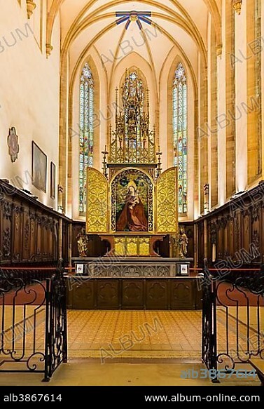 Choir with high altar Madonna im Rosenhag, Martin Schongauer, 1473, Franciscan church, Colmar, Alsace, Alsace, France, Europe.