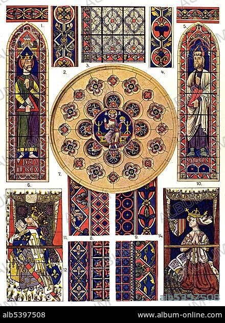 Early Gothic glass painting 13th century, Middle Ages, medieval ornament in France.