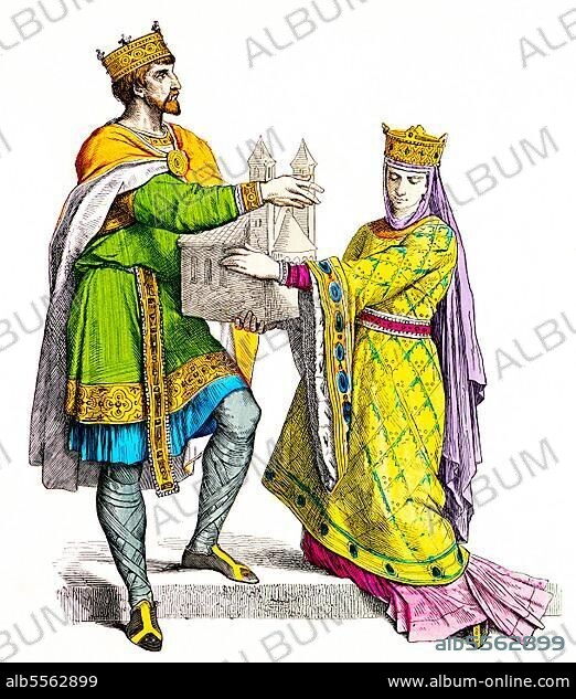 Munich picture sheet, costumes, 10th century, Franconian king and queen, golden crown, Romanesque cathedral, handing over, robes, portrait, coloured historical illustration 1890.