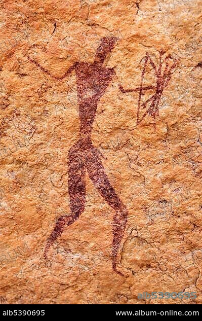Painted warrior, neolithic rock art at Tin Meskis, Adrar N'Ahnet, Algeria, Sahara, North Africa, Africa.