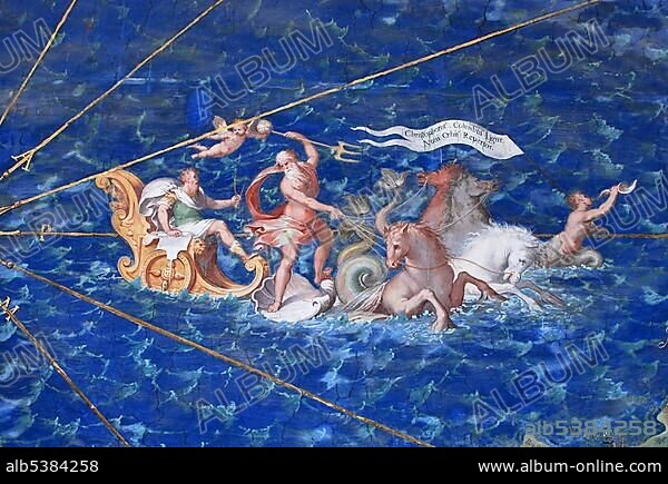 Detail of a map in the gallery of maps, Poseidon rises with his chariot from the sea, Vatican Museums, Old Town, Vatican City, Italy, Europe.