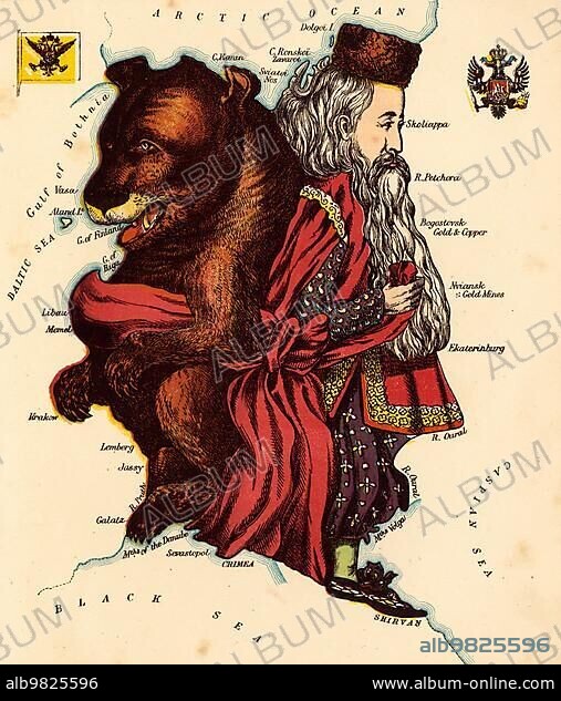 Personified map; c. 1880; Russia; depicted with a Pope and a Bear; Historical; digitally restored reproduction from a 19th century original; Europe.