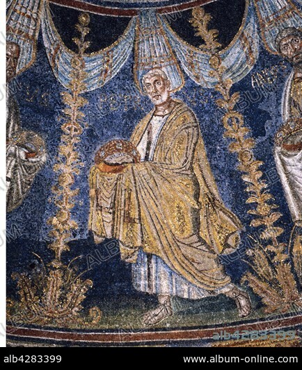 Mosaic of the dome of the Orthodox Baptistery in Ravenna, Italy. Detail: the apostle Peter. 5th century. The Neon Baptistery, built by Bishop Orso at the beginning of the 5th century, was decorated with mosaics by his successor Neon, around 450.
