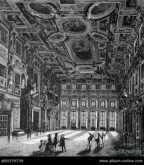 Golden hall in the town hall of Augsburg, Bavaria, Germany, historical illustration, circa 1886, Europe.