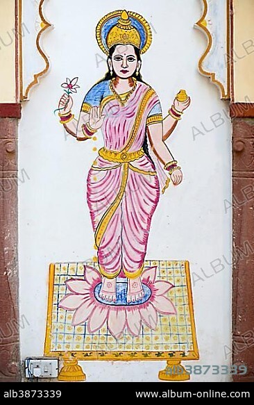 Goddess Lakshmi, mural on a house wall, Bassi, Rajasthan, India, Asia.
