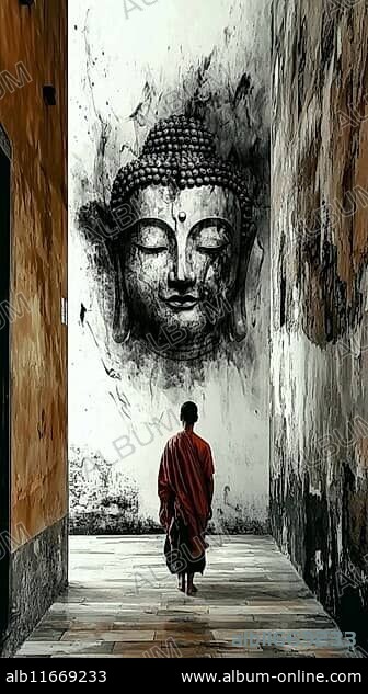 Monk in red robe walks down an alley toward a black Buddha face painted on the wall, AI generated.