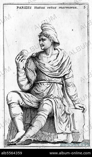 Paris, Peride, in der griechischen Mythologie der Sohn des trojanischen Königs Priamos und der Hekabe, historisches Rom, Italien, digitale Reproduktion einer Originalvorlage aus dem 18. Jahrhundert, Originaldatum nicht bekannt.