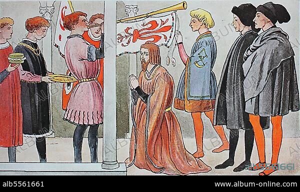 Kleidung, Mode in Italien, frühe Renaissance 1425-1480, Herolde und Könige, von links, vier Herolde, dann ein vornehmer Mann, ein Jüngling in einer kurzen wattierten Jacke und zwei Jünglinge in dunklen Umhängen, digital restaurierte Reproduktion einer Originalvorlage aus dem 19. Jahrhundert.