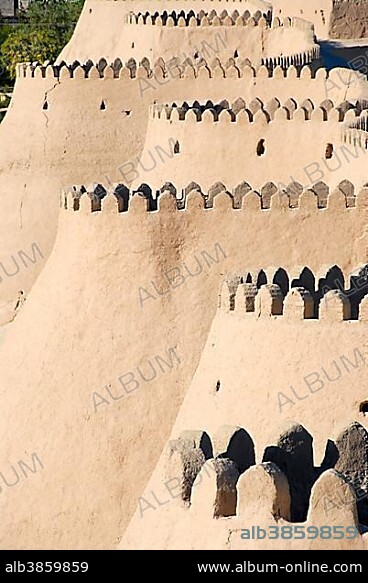 Battlement at the curved bastions of the city wall Ko'xna Ark Itchan Kala Khiva Uzbekistan.