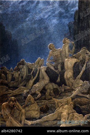 Amos Nattini (1892-1985), "The Divine Comedy" by Dante Alighieri (1265-1321). Inferno, Canto XXIX, Circle 8: Fraud. Bolgia 10: Falsifiers (first category are the Alchemists) are afflicted with different types of afflictions; diseases, thirst, filth, screaming.. Private collection.. In 1921, for Dante Aligheri's 600th anniversary of death, the Istituto Nazionale Dantesco chose Amos Nattini to illustrate The Divine Comedy. The illustrations have been published in 1923.