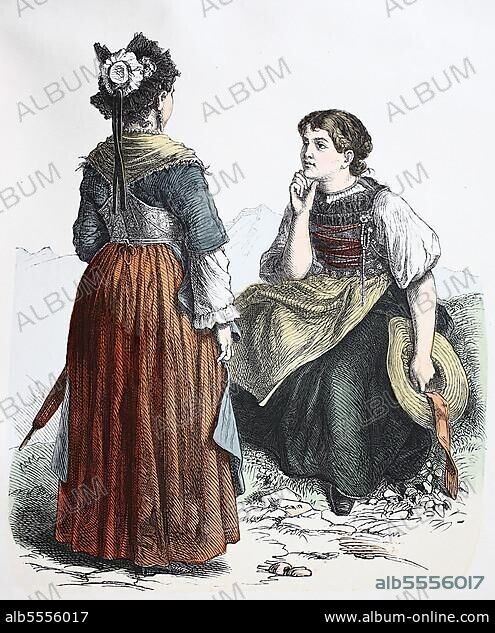 Folk Costume, Clothing, History of Costumes, Traditional Costume from Switzerland, St. Gallen and Schaffhausen, 1850, Historic, digitally restored reproduction of a 19th century original.
