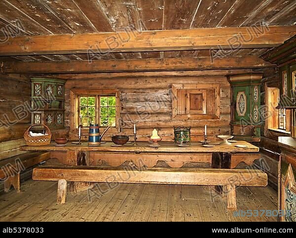 Sitting room, Deti-house from 1817, open air museum Trondelag, Sverresborg, Trondheim, Norway, Scandinavia, Europe.
