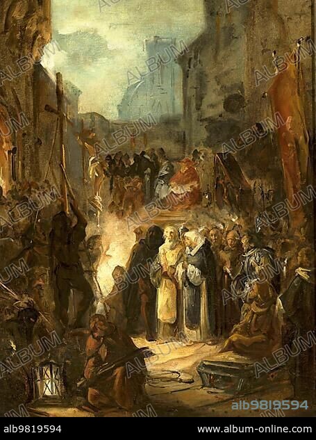 Scene from the Inquisition; The Spanish Inquisition was a council for combating heresy; authorised by a papal bull in 1478 and established by King Ferdinand II and Queen Isabella of the Crown; in 1480; Historical; digitally restored reproduction from a 19th century original.