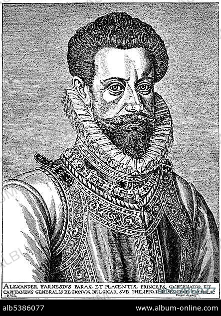 Historic drawing, portrait of Alexander Farnese or Alessandro Farnese, Alejandro Farnesio, Alexandre FarnÃ¨se, 1545 - 1592, Duke of Parma, governor of the Spanish Netherlands, an Italian commander and diplomat in the service of Spain.