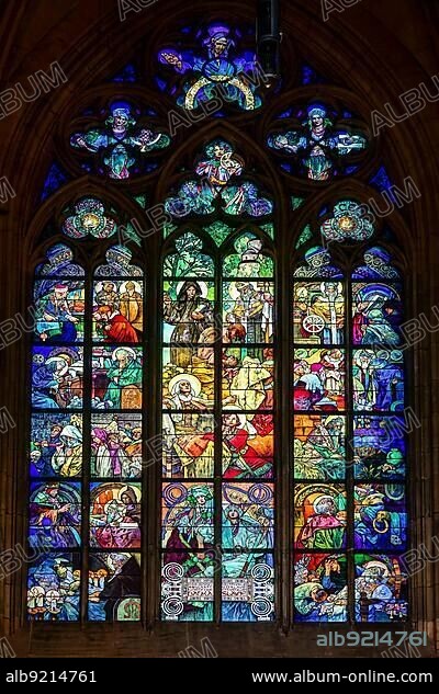Alphonse Mucha Stained Glass Window in St Vitus Cathedral in Prague.