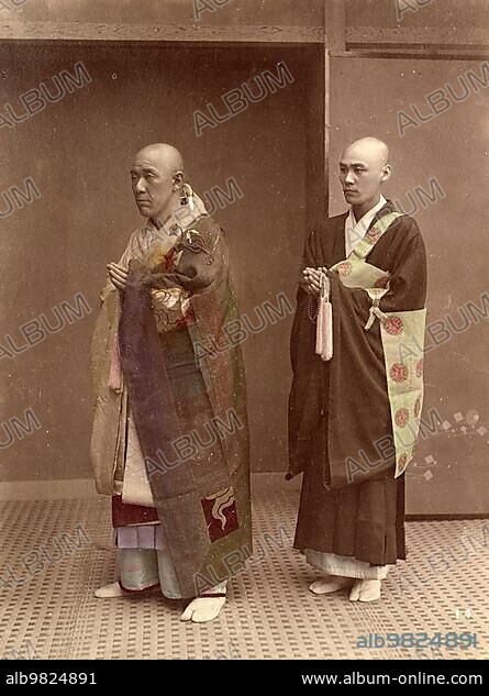 Two Buddhist monks on their way to the monastery; Buddhism; priest; c. 1870; Japan; Historic; digitally restored reproduction from an original of the time; Asia.