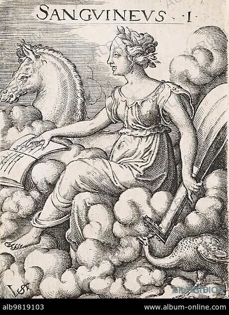 Sanguine temperament; the four different temperaments; documented on human types. The four temperaments are the sanguine; the choleric; the phlegmatic and the melancholic temperament; 1767; Germany; Historical; digitally restored reproduction from a 19th century original; Europe.