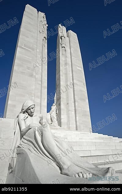 Sculpture at the Canadian National Vimy Memorial, First World War One monument remembering the Battle of Vimy Ridge in Givenchy-en-Gohelle, France, Europe.