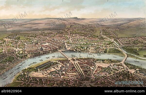 Bird's-eye view of Dresden; c. 1855; Saxony; Germany; Historic; digitally restored reproduction from an 18th or 19th century original; Europe.