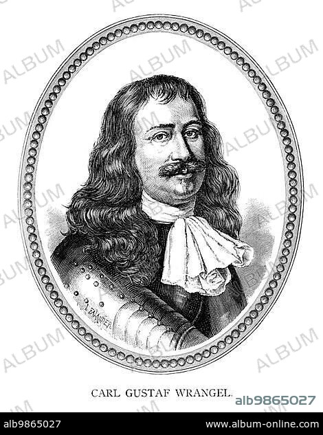 Carl Gustaf Wrangel (also Carl Gustav Wrangel) (born 23 December 1613 in Uppsala) (died 5 July 1676 in Spyker) was a high-ranking Swedish noble, statesman and military commander in the Thirty Years', Torstenson, Bremen, Second Northern and Scanian Wars. Engraving by Ida Falander (1842-1927), published in Starbäck, Bäckström: Berättelser ur Svenska Historien ca 1880.