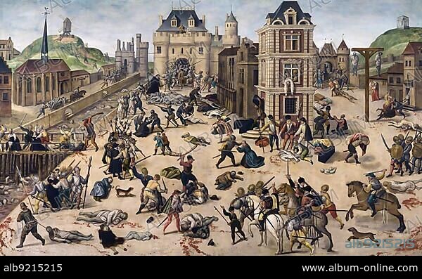 The Bloodbath of Bartholomew's Night, painting by François Dubois, c. 1584, Bartholomew's Night, Parisian Blood Wedding, Massacre de la Saint-Barthélemy, was a pogrom against French Protestants, the Huguenots, which took place on the night of 23-24 August 1572, Bartholomew's Day, Historical, digitally restored reproduction of a 19th century original, exact date unknown.