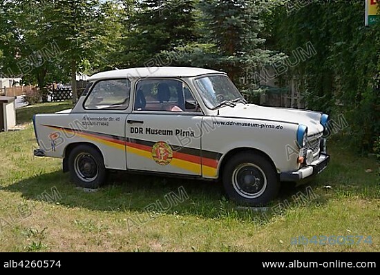 Trabant 601, plastered with advertisements for the DDR Museum Pirna, Gohrisch, Saxony, Germany, Europe.