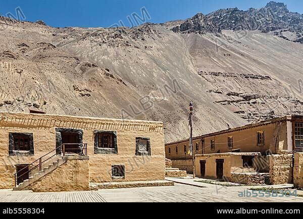 Tabo monastery of Tibetan Buddhist Gelug sect made of clay in Tabo village. Monastery is built on high Himalaya plato in tradition of Tibetan Buddhism. Tabo, Spiti valley, Himachal Pradesh, India, Asia.
