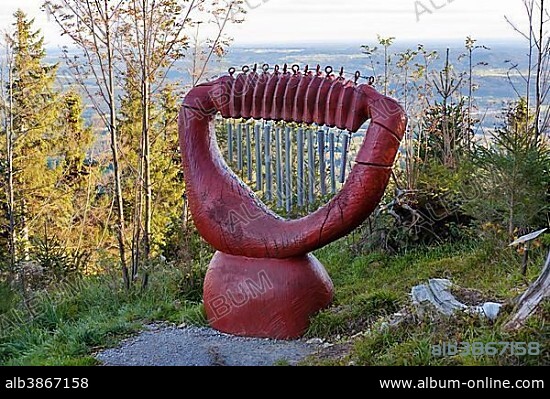 Sculpture Red Harp by artist Jürn Ehlers, art trail Sinneswandel am Blomberg near Wackersberg, Isarwinkel, Upper Bavaria, Bavaria, Germany, Europe.