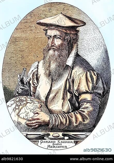 Gerhard Mercator; Gerard De Kremer; Gerardus Mercator or Gerhard Kraemer; 1512-1594; a mathematician; geographer; philosopher; theologian and cartographer; historical engraving; circa. 1870; Historic; digitally restored reproduction from a 19th century original; coloured; exact date unknown.