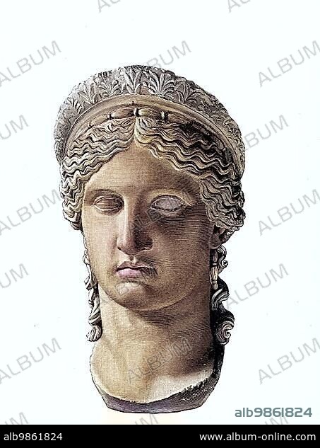 Marble head of Hera, is in Greek mythology the wife and at the same time the sister of Zeus and thus the daughter of Kronos and Rhea, she belongs to the twelve Olympian deities, the Olympioi, digital improved reproduction of an original print from the 19th century.