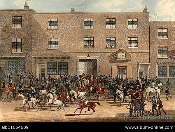 St Albans Grand Steeple Chase on 8 March, 1832, a famous horse race over cross-country tracks in England from 1830 to 1839, preparation for the start, Historical, digitally restored reproduction from a 19th century original, Record date not stated.
